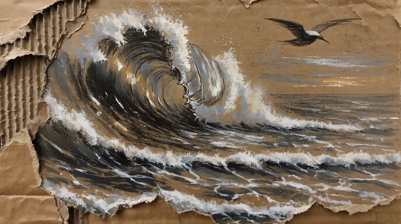 A breaking ocean wave and a seabird framed by torn cardboard.